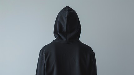 Enigmatic figure in black hoodie stands against a muted backdrop invoking mystery.