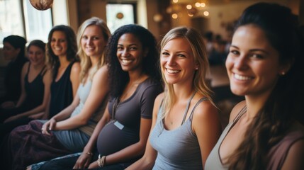 Group of pregnant mothers in prenatal yoga class Smile and practice health - obrazy, fototapety, plakaty