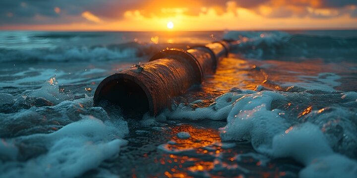 Dramatic sunrise over ocean with foam-covered outfall pipe, serene coastal scenery. nature photography for wall art. AI