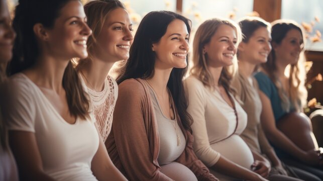 Group of pregnant mothers in prenatal yoga class Smile and practice health