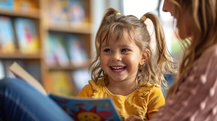 of a preschool girl laughing happily while sitting with her mother reading a story book
