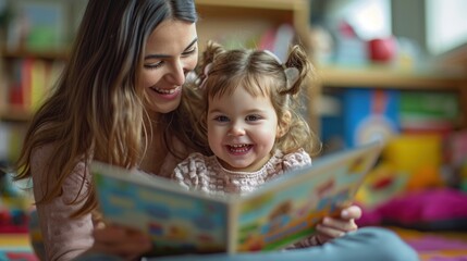 Fototapeta na wymiar of a preschool girl laughing happily while sitting with her mother reading a story book