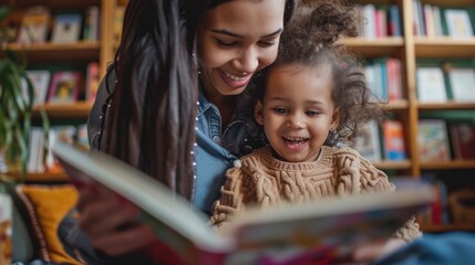 of a preschool girl laughing happily while sitting with her mother reading a story book - obrazy, fototapety, plakaty