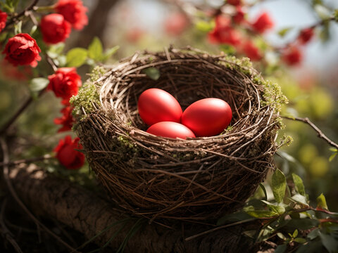 easter eggs in birds nest on tree branch and bougainvillea plant red flowers