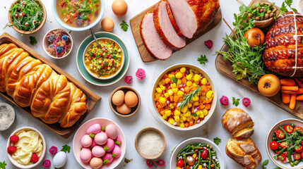 Traditional Easter dinner or brunch with ham, colored eggs, hot cross buns, cake and vegetables....