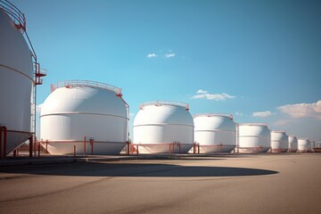 A group of large white tanks lined up in a row, creating an industrial scene with their imposing presence.