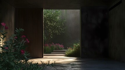 Tranquil garden view through a dimly lit corridor, evoking calmness and serenity. perfect for peaceful themes. AI