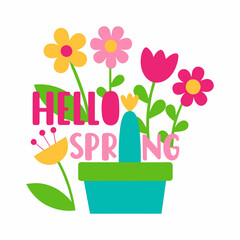 Hello spring on white background. Flat vector.