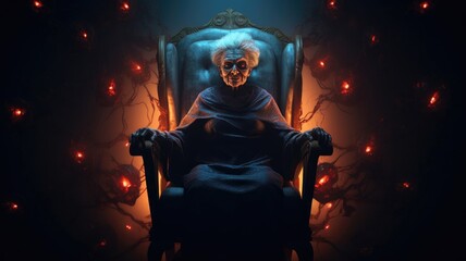 An old angry elderly grandmother in a chair against a background of skulls. Apocalypse, horror, halloween.