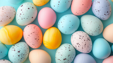 Pattern made of colourfull pastel eggs on blue pastel background. Minimal Easter concept with copy...