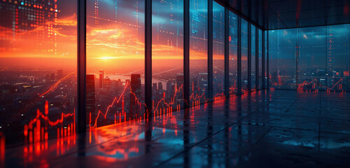 Sunset in the city. An office with huge windows and a brightly lit interior. Virtual stock chart. Panic on the stock market.