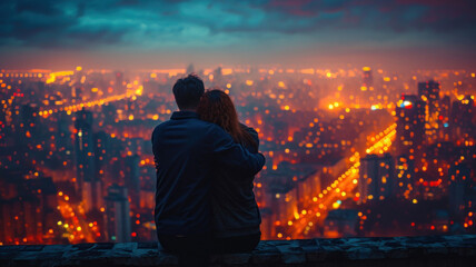 Fototapeta premium A couple in love hugs against the backdrop of the night city. Romantic date on St. Valentine's Day.