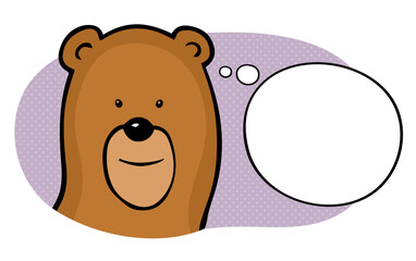 Cartoon kind bear. Talking bubble. Puzzled face. Character is thinking. Character for children. Forest wild animal. Vector isolated animal illustration