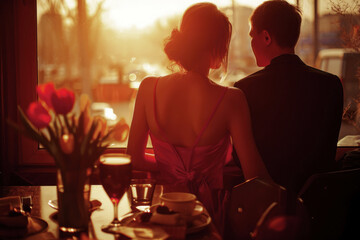 Happy couple kissing on a date in a restaurant on Valentine's Day.