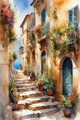 Fototapeta na wymiar Picturesque Coastal Village, Watercolor
