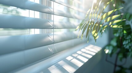 Gentle sunlight filtering through blinds casting soft shadows in a peaceful setting. - obrazy, fototapety, plakaty