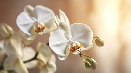 Fototapeta na wymiar White orchid macro realistic beige background Ai Generative