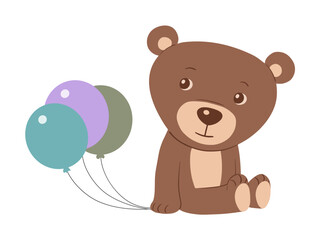 Teddy bear toy with balloons. Kind bear on a white background. Character for children. Cute animal for a postcard. Cartoon vector isolated illustration