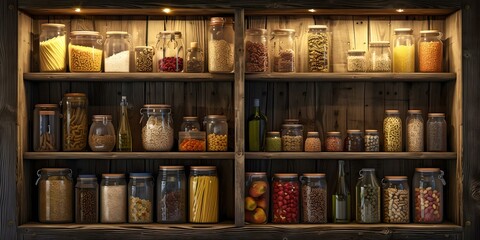 Assorted dry goods in jars on wooden shelves. home pantry organization concept. vintage kitchen storage idea. suitable for decor magazines. AI