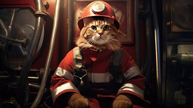 A cat in a helmet and fire clothes. The cat is a fireman. A fantastic illustration.