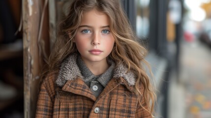 portrait of a beautiful little girl in a coat on the street