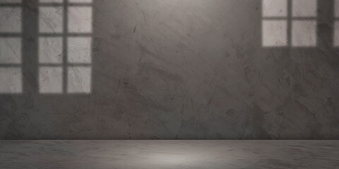 Empty gray concrete wall room background in vintage loft style with light and shadow of glass window on surface, panoramic view