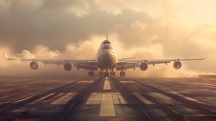Commercial airplane taking off on runway at sunset, awe-inspiring sky, concept of travel and adventure. ideal for marketing materials. AI