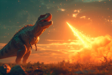A meteorite hit the Earth 66 million years ago and wiped out the dinosaurs. The impact caused gigantic fires and_out - obrazy, fototapety, plakaty