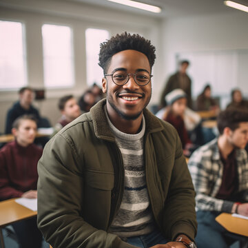 Smiling student portrait in classroom