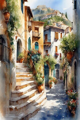 Fototapeta na wymiar Picturesque Coastal Village, Watercolor
