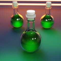 Flasks with a green substance in a chemical laboratory undergoing an experiment