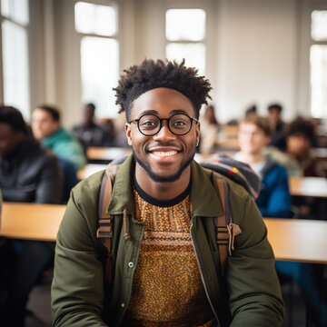 Young male black student wearing backpack sweater coat and glasses at school
