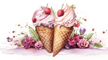 Two ice creams in a cone with berries on a background of flowers. Fruit-colored ice cream. Watercolor illustration.