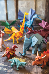 Fototapeta na wymiar Diverse set of origami creations ranging from butterfly to dinosaur in artistic paper folds