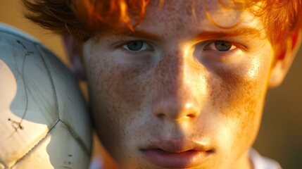 Close-up portrait of a young redhead male in warm sunlight, expressing thoughtfulness and calm. modern lifestyle image. AI