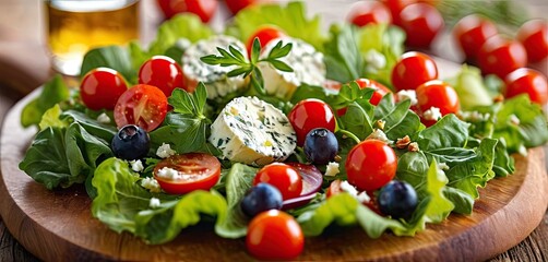 Goat cheese salad wit tomatoes on rustic wooden table. Fresh greens mingle with cheese, farm-to-table freshness of organic produce - obrazy, fototapety, plakaty