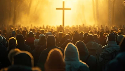 Foto op Plexiglas crowd of people in front of a christian cross in the fog © Meow Creations