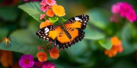 Fototapeta na wymiar Vibrant orange butterfly on bright flowers, nature's beauty captured in photograph. perfect for spring and summer themes. AI
