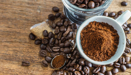 Coffee beans and ground coffee, coffee grinder