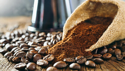Coffee beans and ground coffee, coffee grinder
