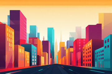 Urban Landscape, Modern Skyscrapers: A Vibrant City Street with Business District in a Retro Cartoon Illustration.