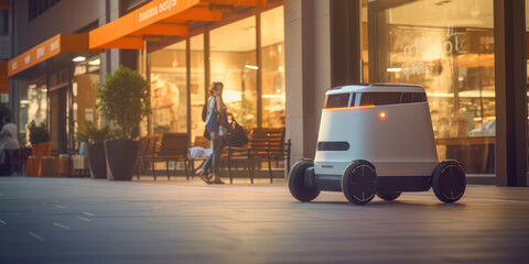 Smart City Street: Futuristic Electric Car Delivery Robot on Urban Sidewalk with Fun-Filled Young Person