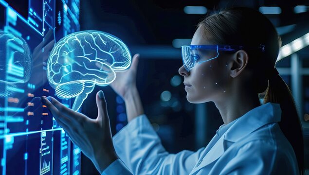 Female scientist analyzing virtual brain interface