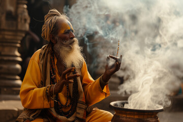 spiritual Indian old man celebrates religious ritual