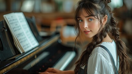 Young Girl Playing Piano in Library