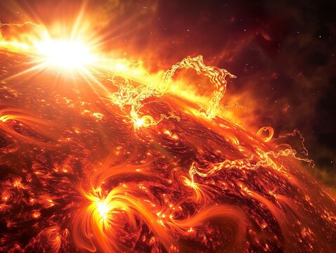 Surface of the sun with flames and heat