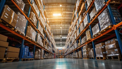 Large warehouse interior with rows of shelves filled with boxes - obrazy, fototapety, plakaty