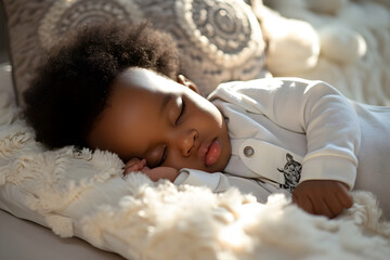 cute little african american baby sleeping on a pillow, warm soft bed. Daylight, morning, cozy, evening. Toddler, black kid