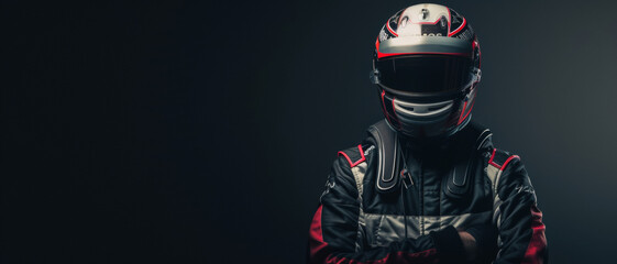 A racer, suited in protective gear, stands ready, an embodiment of speed, precision, and adrenaline