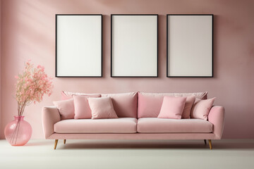 Elegant pink sofa with three empty picture frames on the wall